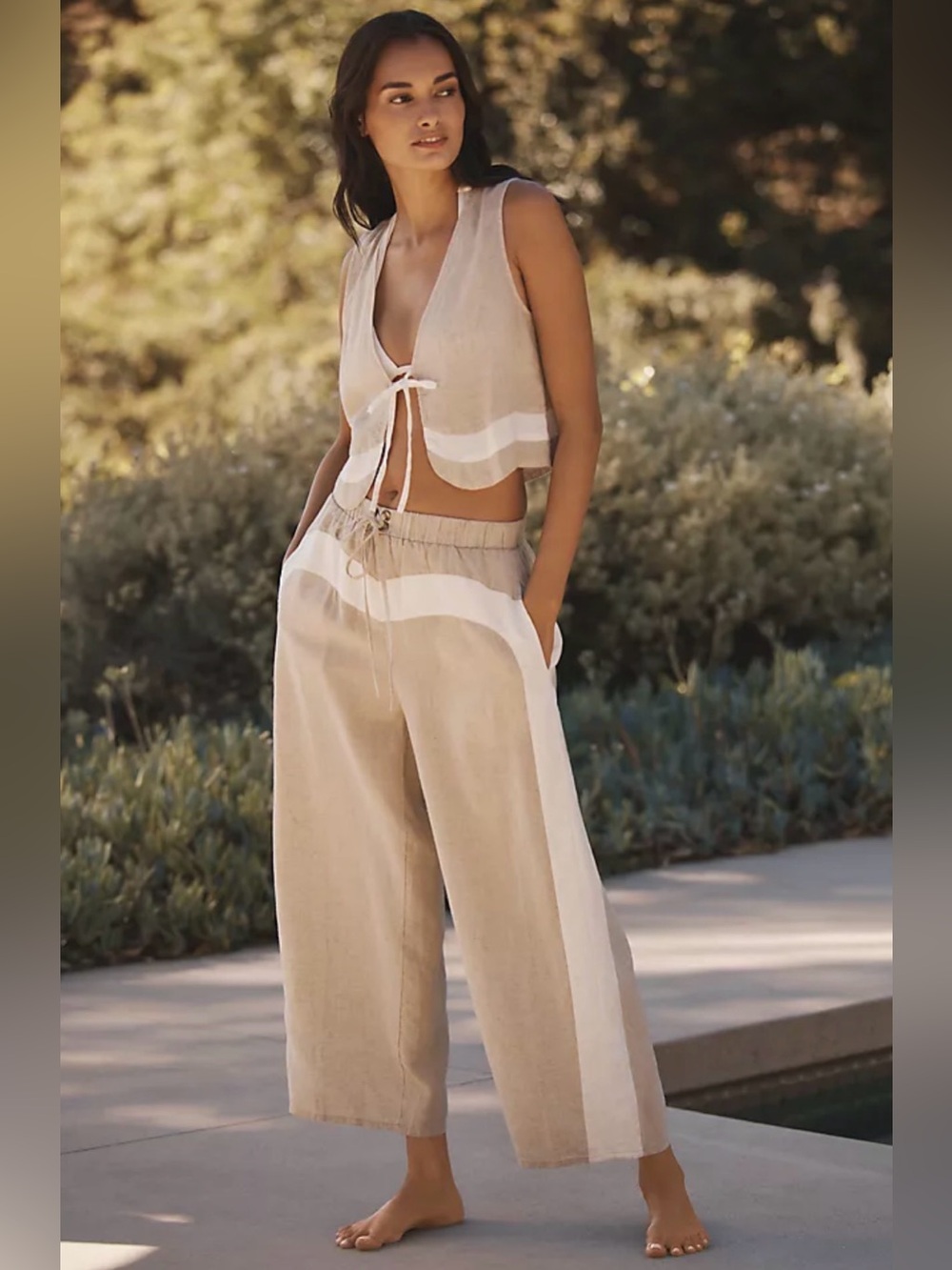 Brand New Anthropologie Beige Linen Two-Piece Set with White Trim